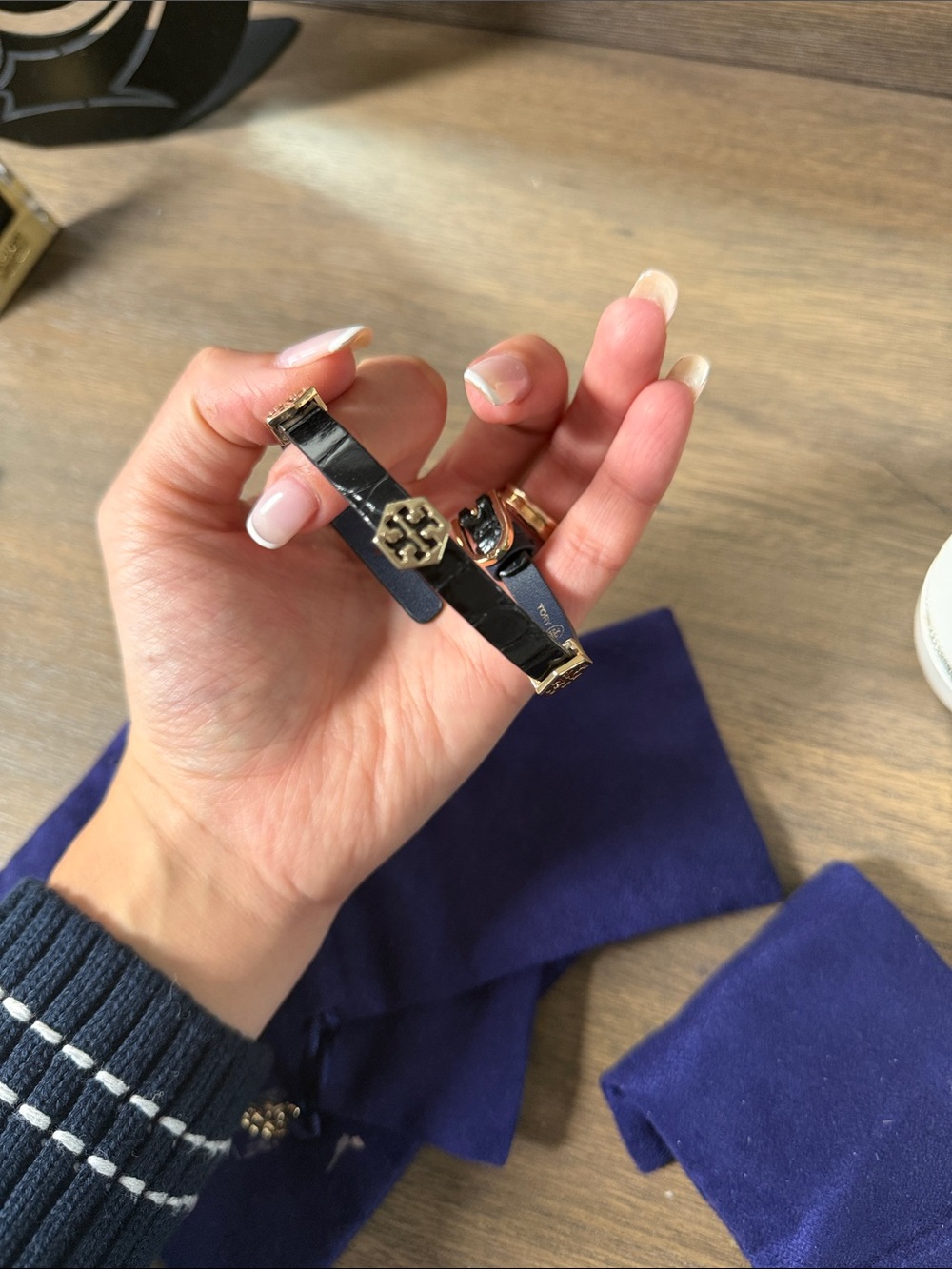 Tory Burch Black Leather Double-Wrap Bracelet with Gold Logo